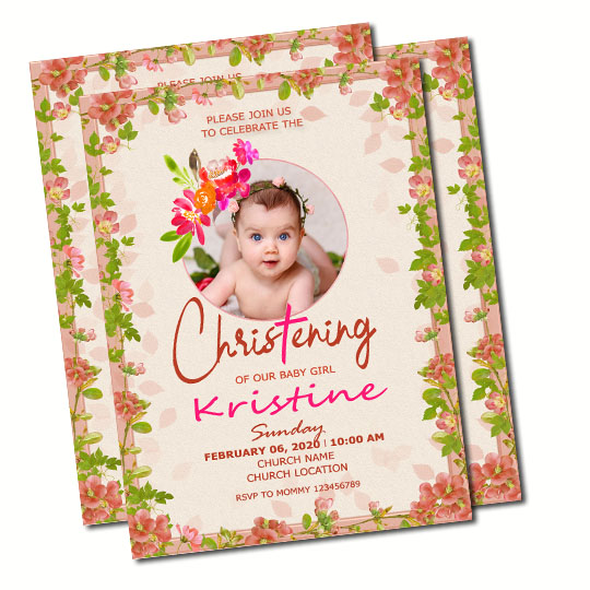 Flora Pink Christening Invitation
